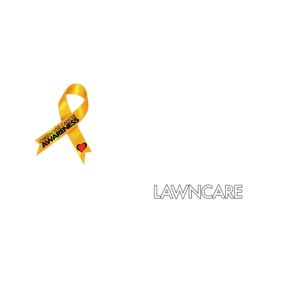 Cut For the Cure Lawncare logo featuring a gold childhood cancer awareness ribbon over a green grass background