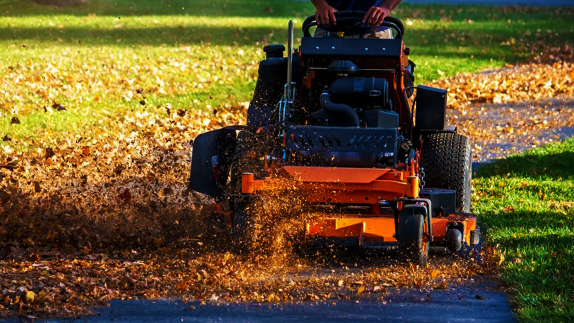 Leaf mulching service breaking down fallen leaves to improve lawn health in St. Charles County, Missouri